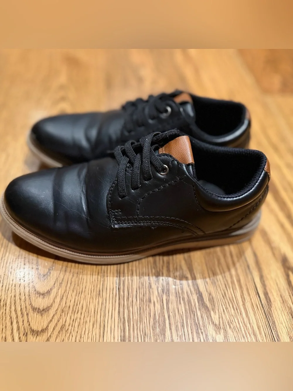 Boys Black Leather Laced Slip On Dress Shoes with Tan Accent size 1M